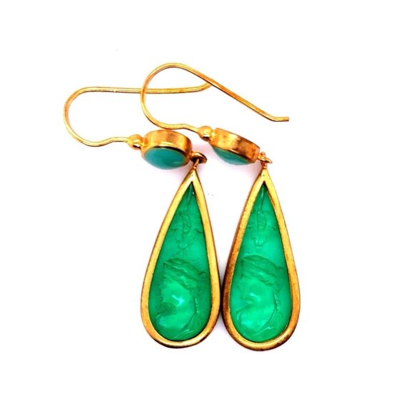 Carved Green Lady/Turquoise Earrings - Picture 1 of 5